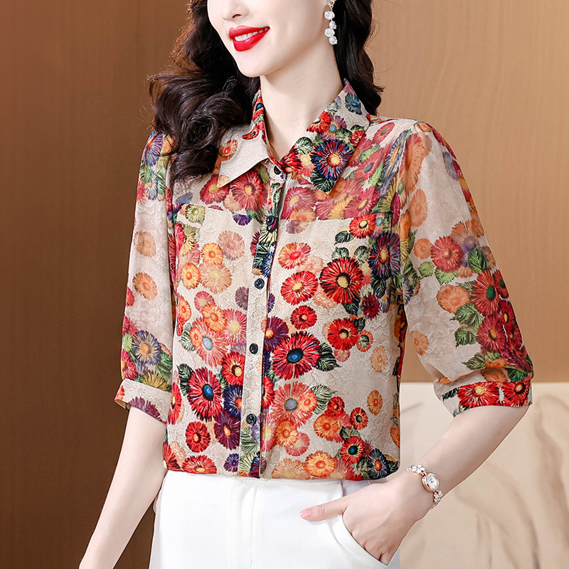 Floral Silk Shirt Women's Seven-Sleeve Mulberry Silk Top Western-Style Small Shirt Belly-Covering Middle-Aged Mother's Mid-Sleeve Shirt