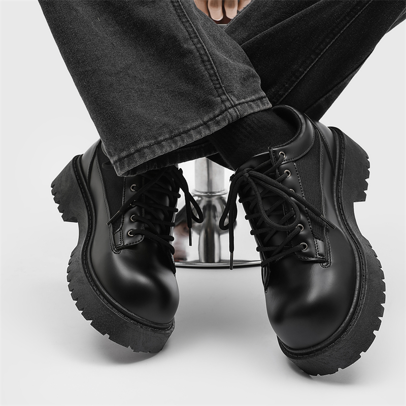 Baskets Derby pour homme ShoeVault, semelle épaisse rehaussante, noires, style britannique décontracté, chaussures de sport en cuir et mesh respirant pour l'été_voghion.com