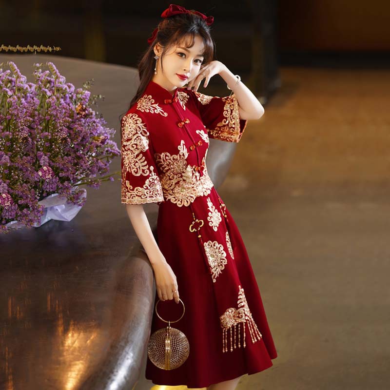 Vestido de novia para brindis 2026, nuevo vestido de verano para compromiso y fiesta de graduación, vestido rojo vino estilo chino para brindis de boda para mujer.