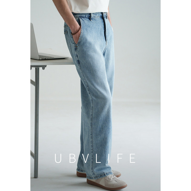 American Retro Plain Ice Blue Washed Jeans for Men 2026 Spring Season Lyocell Cotton Blend Drapey Breathable Casual Pants American Retro Plain Ice Blue Washed Jeans for Men 2026 Spring Season Lyocell Cotton Blend Drapey Breathable Casual Pants