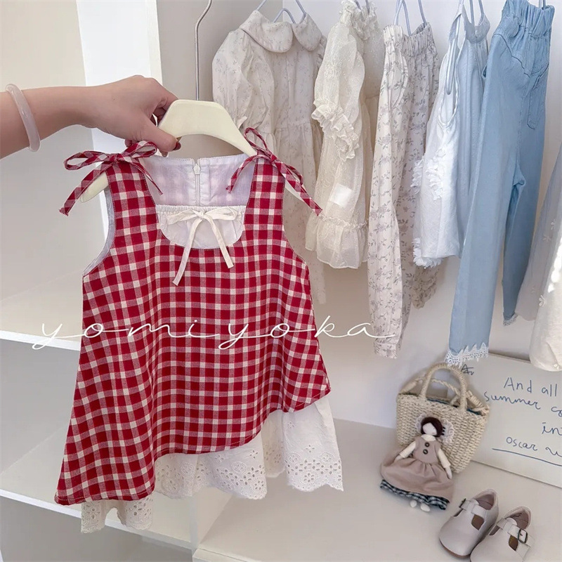 ¡Envía una diadema!! Vestido de bosque a cuadros rojo de siete niñas de limón salado verano nuevo estilo vestido de chaleco femenino para niños