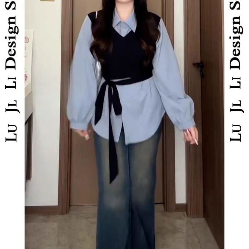大码女装胖mm慵懒风假两件绑带马甲衬衫2025秋季新款时尚显瘦上衣|undefined
