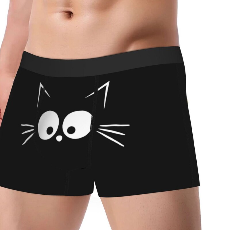 Men's Cute Black Cat Face Print Underwear, Black Base Playful Style Shorts, Trendy Personalized Close-Fitting Pants Wholesale