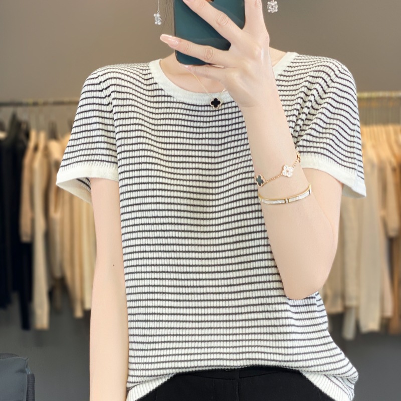 Retro knitted summer thin elastic design short sleeve T-shirt