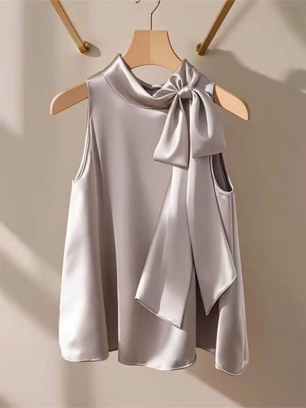 French-Style Champagne White Satin Halter Top for Women, New Summer Loose Bowknot Shirt, Stylish and Youthful Blouse, Thin