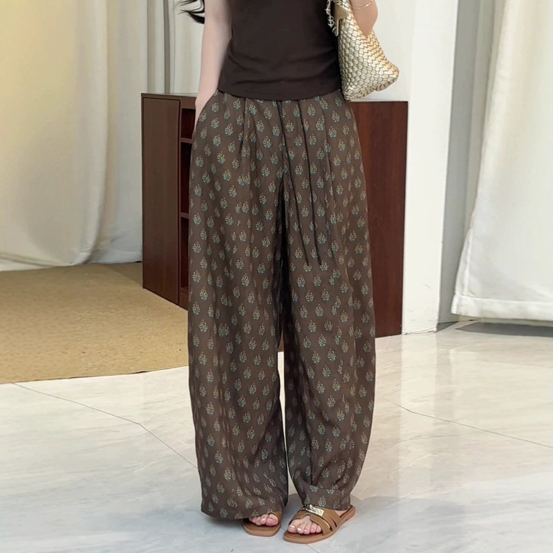 Old Money Style Coffee-Colored Printed Linen Casual Pants for Women, High-Waisted, Loose Fit for Pear-Shaped Body, Slimming, Vintage Versatile Wide-Leg Pants Old Money Style Coffee-Colored Printed Linen Casual Pants for Women, High-Waisted, Loose Fit for Pear-Shaped Body, Slimming, Vintage Versatile Wide-Leg Pants