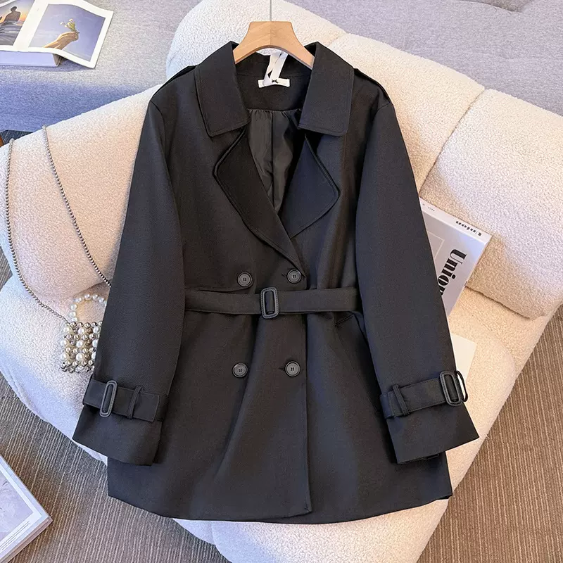 130-350斤大码女装胖mm春秋冬款英伦风外套高级感收腰中长款风衣