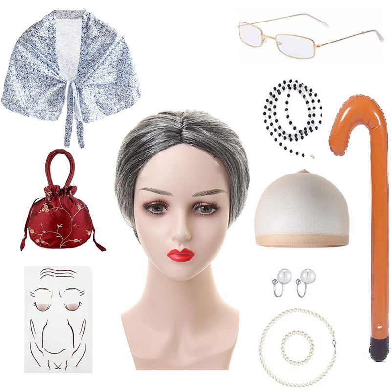 Amazon nueva abuela peluca abuelo pelo vieja dama vieja peluca chal traje accesorios traje