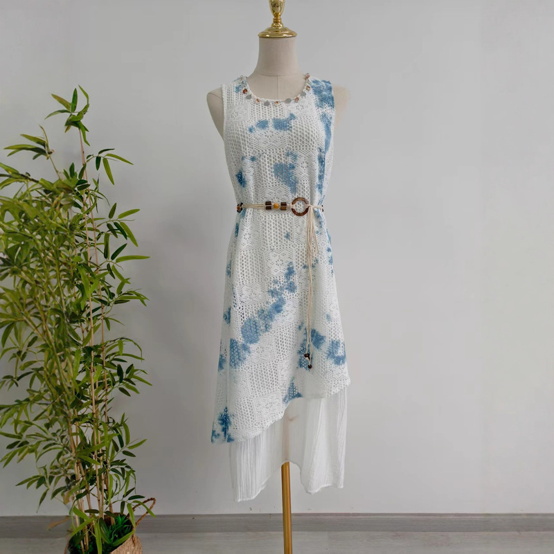 Yunnan Tie-Dye Blue-Dyed Shell Vest Dress Fake Two-Piece Splicing Dress Cut Out Mesh Long Skirt Travel Dress