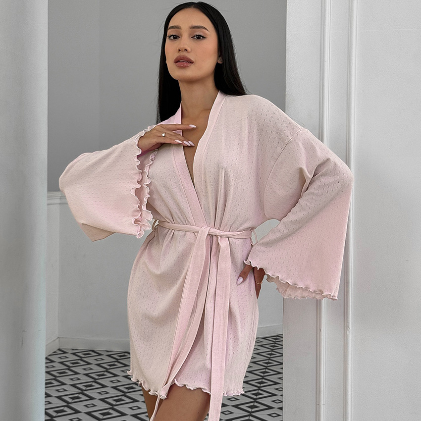 European and American Cross-border Soft Bathrobe Knitted Jacquard Breathable Ear Long-sleeved Cardigan Nightgown Casual Women's Home Clothes
