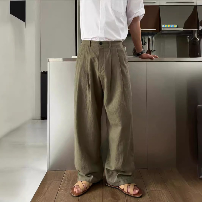 Army Green Linen Casual Trousers Men's Summer New Japanese Style High-end All-match Loose Straight-leg Wide-leg Pants Army Green Linen Casual Trousers Men's Summer New Japanese Style High-end All-match Loose Straight-leg Wide-leg Pants