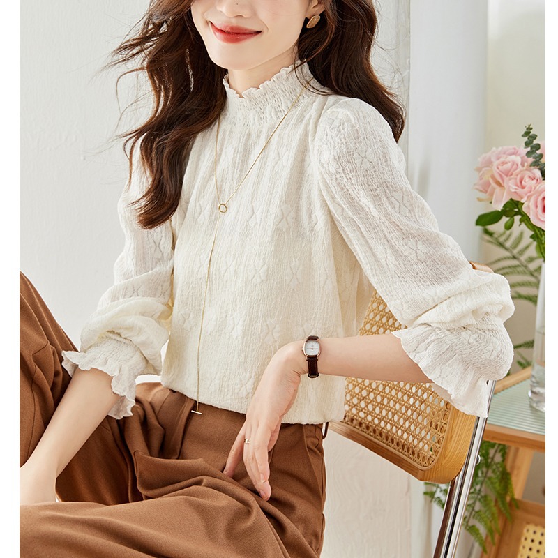 Women's half turtleneck lace chiffon shirt spring 2024 New French style fashionable top bottoming shirt