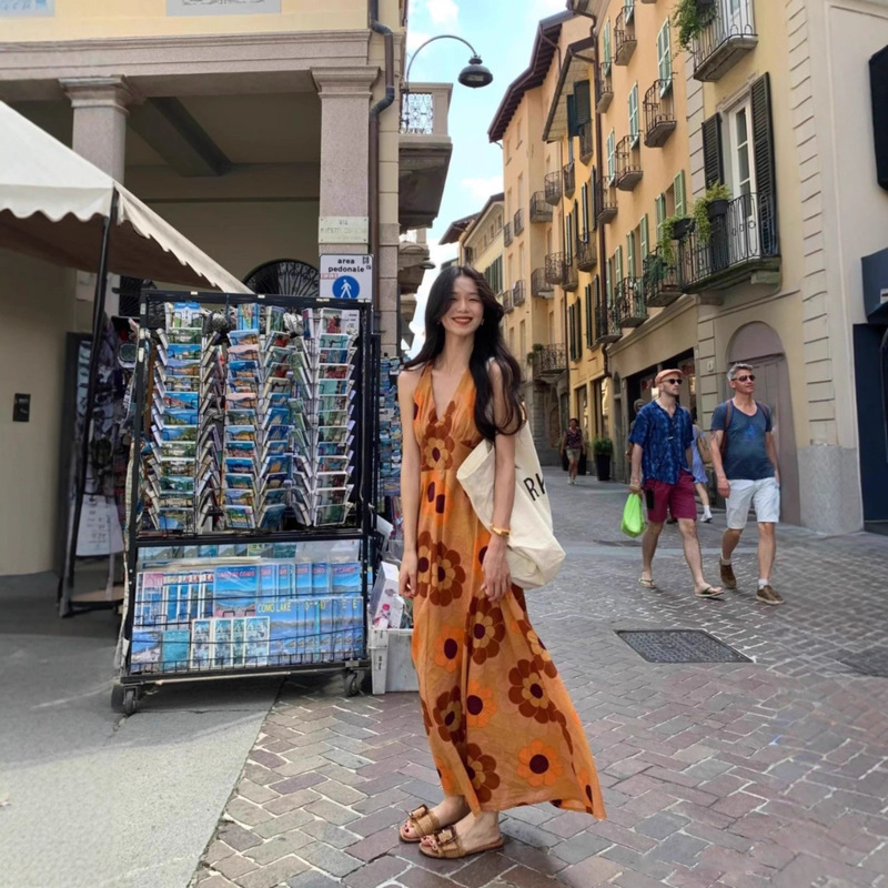 Suitable for Traveling to Thailand, Beach Vacation Elegant Printed V-Neck Dress Bohemian Beach Dress Summer Suitable for Traveling to Thailand, Beach Vacation Elegant Printed V-Neck Dress Bohemian Beach Dress Summer