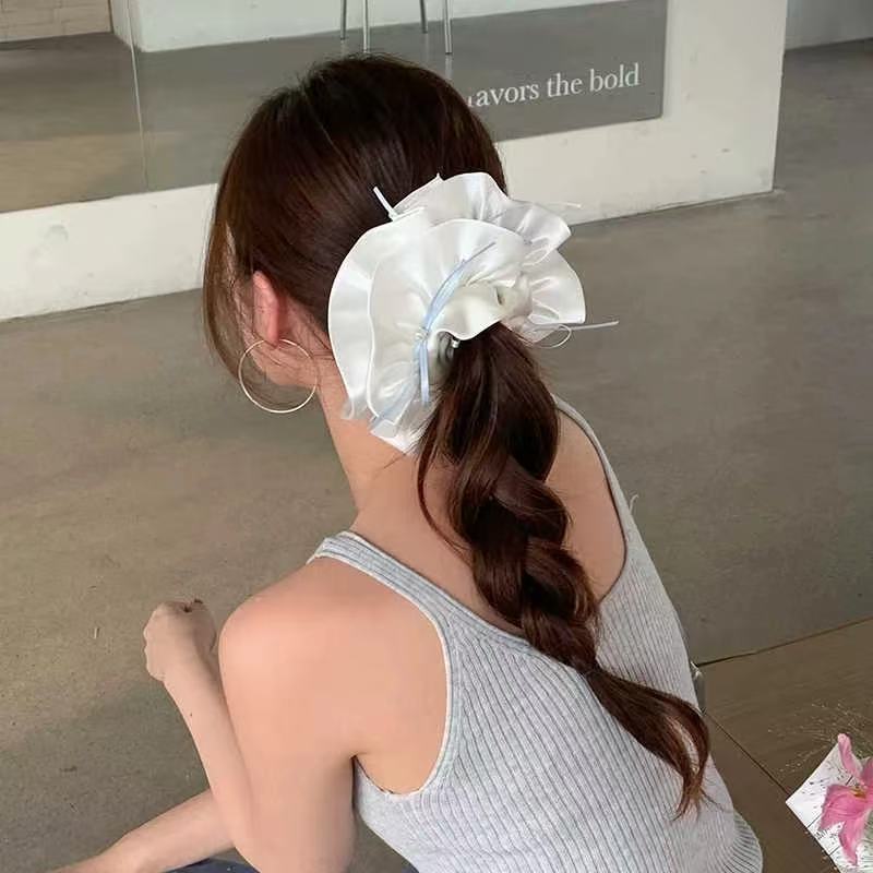 女性用の甘いサテンリボンヘアゴム、韓国の特大リボンパールヘアゴム、高級帽子とヘアアクセサリー|undefined
