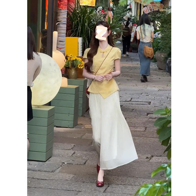 2025夏季新款女新中式立领盘扣修身短袖上衣设计感高腰显瘦半身裙|undefined