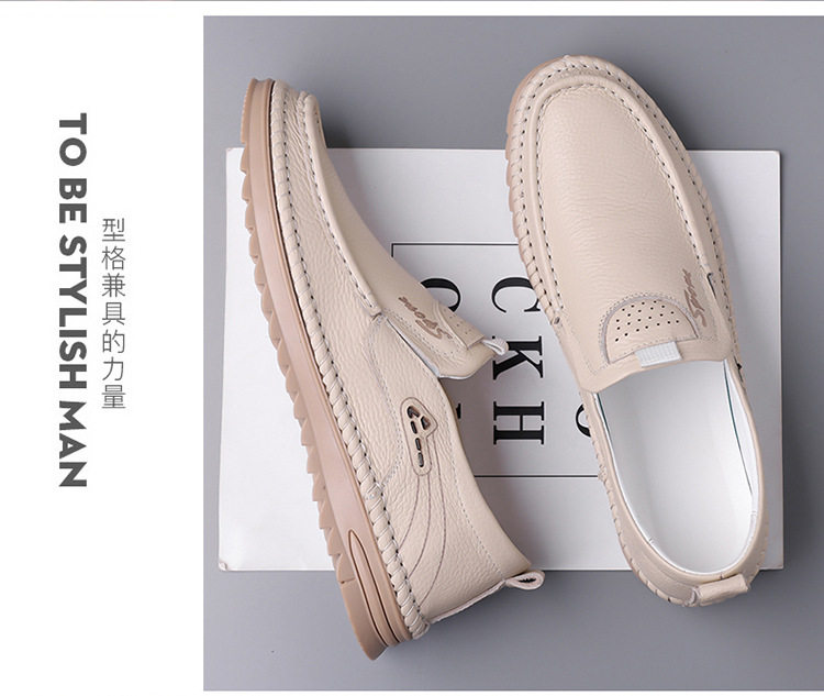 Giày lười nam da bò lớp đầu cỡ lớn, mũi tròn, đế bằng, phong cách casual — Màu nâu, Màu trắng ngà, màu đen chi tiết 19