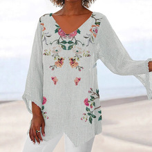 跨境2025新款女装欧美3D印花自然风景V领九分袖宽松T恤