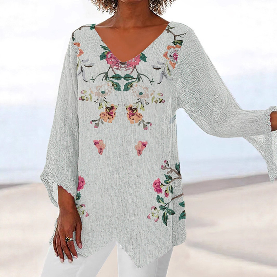 跨境2025新款女装欧美3D印花自然风景V领九分袖宽松T恤