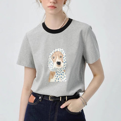 VEGA半袖tシャツ女性2025年夏新商品ゆるい丸首カジュアル衝突色子犬プリント上着