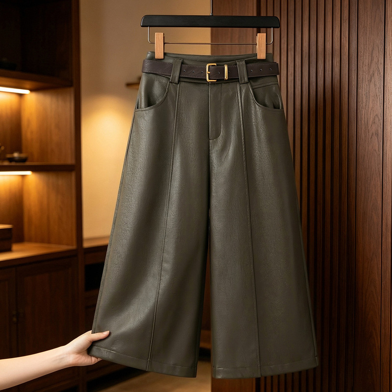 Coffee-Colored Cropped Pants for Women, Autumn and Winter Thick Style, 2026 New High-Waisted Slimming Straight Loose Pu Leather Pants, Wide-Leg Pants for Outerwear