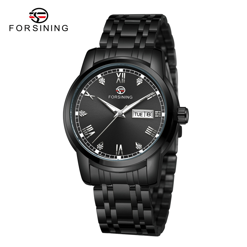 Forsining Fusini 8221 correa de acero reloj casual para hombres reloj mecánico automático calendario semana reloj