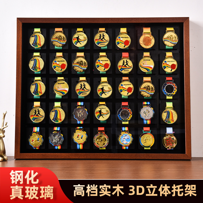 Marathon Medal Display Stand with High-End Solid Wood Frame, Gold Medal Storage Box, Photo Frame, Hollow Three-Dimensional Picture Frame, Tabletop Display