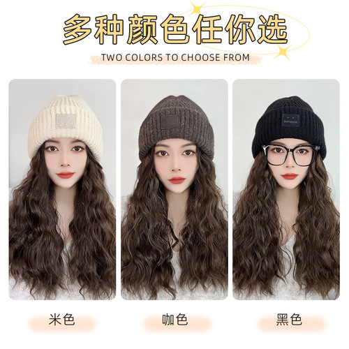 Hat wig women's detachable long hair new autumn and winter knitted wool hat one-piece full head cover wig hat cold hat