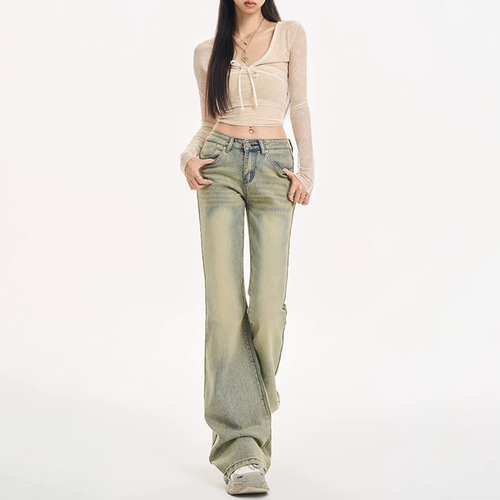 American Retro Bell Bottom Jeans for Women - Spring and Autumn New Low-Waist Loose Floor-Length Yellow Clay Color Non-Hugging Flared Pants