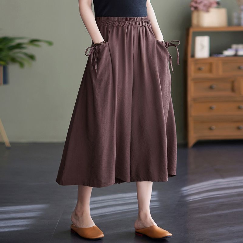 2025 Summer New Thin Wide-Leg Pants for Women, Loose Large Size Solid Color Elastic Waist Flared Skirt Pants Casual Cropped Pants