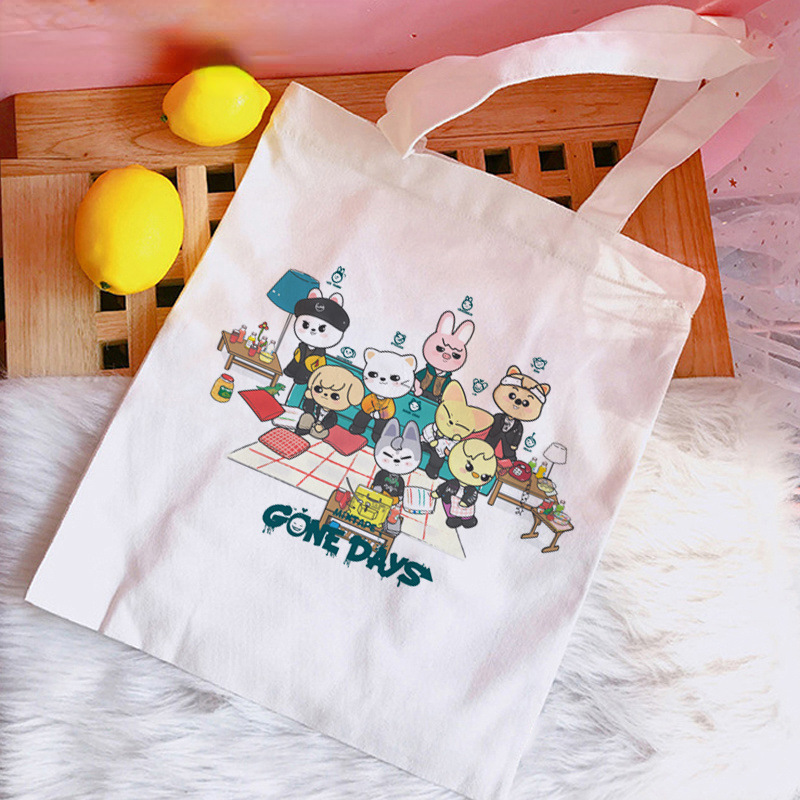 Transfronteriza Venta caliente Stray Kids Skzoo periférico impreso lienzo bolsa de hombro bolsa plegable bolso de compras