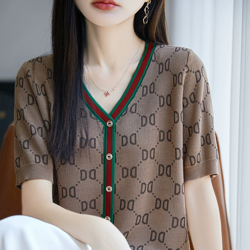 Летний тонкий женский пуловер с v-образным вырезом контрастного цвета и буквой D, с короткими рукавами, высококачественный пуловер из 100% тенселя и лиоцелла, искусственный кардиган, горячий стиль
