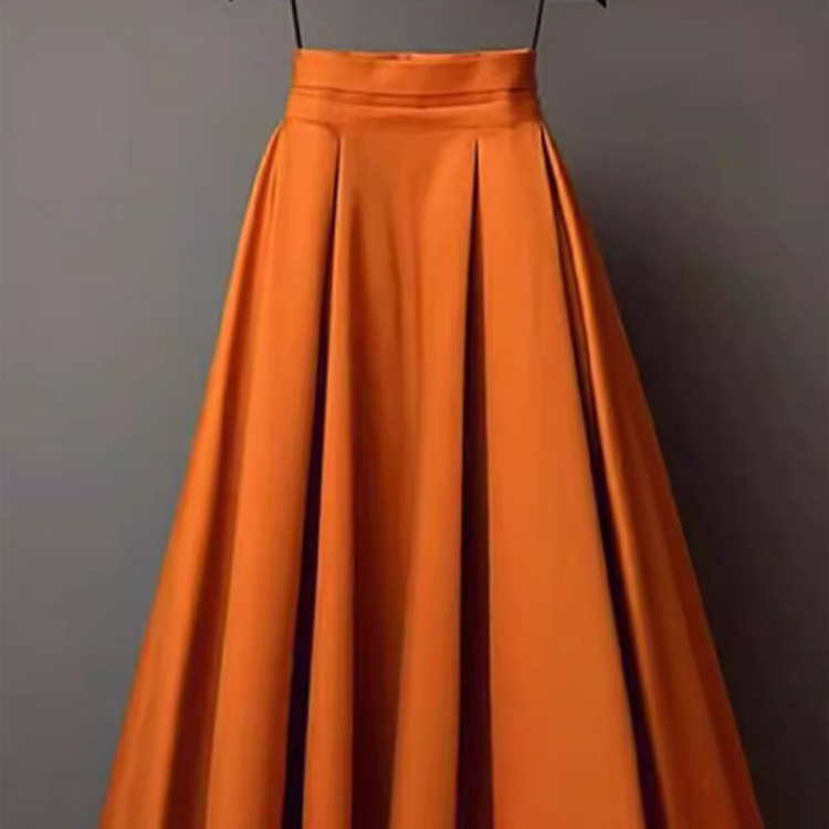 Clearance to pick up leaks ~ cattle x goods high sense orange a-shaped skirt women's high waist slim pleated temperament long skirt