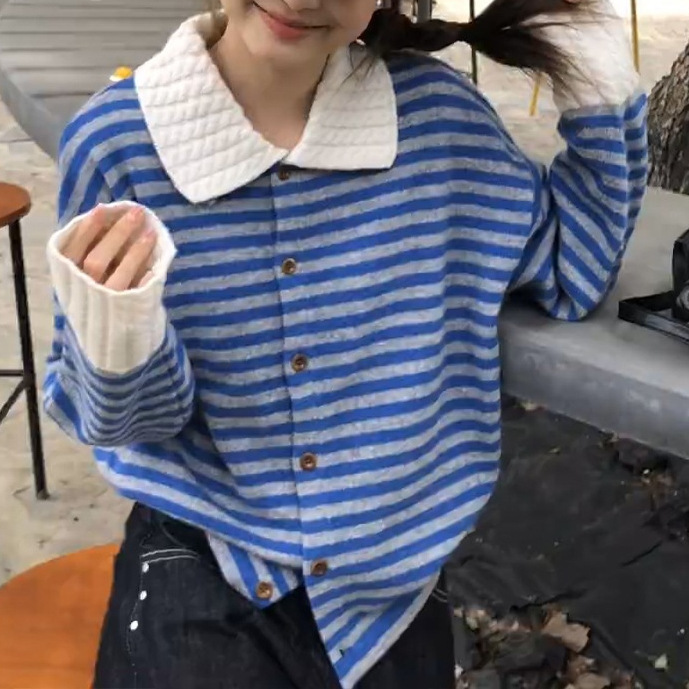 2025秋季新款韩版宽松显瘦条纹POLO领长袖针织毛衣百搭慵懒上衣女|undefined