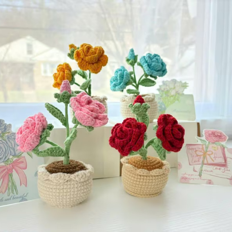 Producto terminado crochet a mano transfronterizo de lana de rosa de doble cabeza en maceta de escritorio decoración del hogar cálido regalo de flores falsas hechas a mano