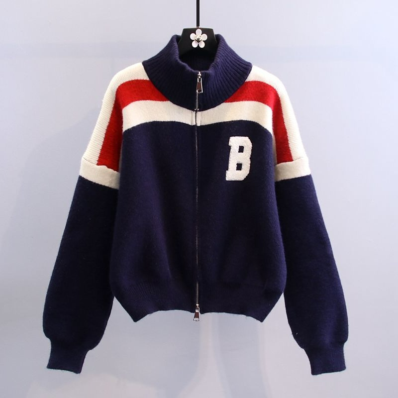 Cardigan tricotat coreean de toamnă, stil leneș, lejer, cu imprimeu floral, culoare asortată cu litere, pulover cu guler înalt pe jumătate, pentru femei_voghion.com