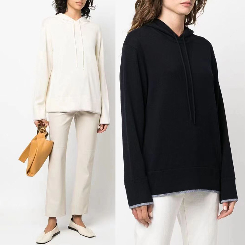 Clearance Sale at a Loss ~ No Returns or Exchanges ~ European and American Style Th Color-Block Hooded Loose Cashmere Sweater for Women in Black and White