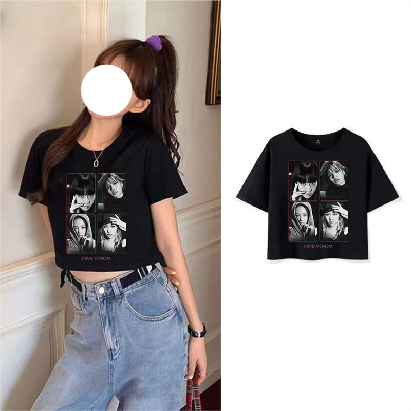 Hallyu Women's blink Pink and Ink Concert Fashion Poster Should Aid European and American Spice Girls Navel Dress Short T-Shirt