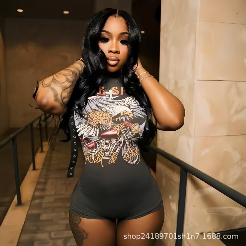 African Hot Girl Style High-Neck Sleeveless Printed Jumpsuit, American Retro Biker Slim-Fit Base Shirt, Slim-Fitting and Flattering