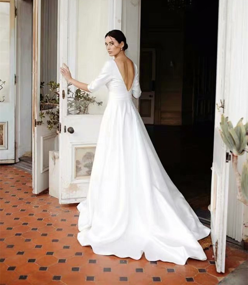 Comercio exterior europeo y americano Amazon AliExpress deseo nuevo vestido de novia sexy profundo escote en V backless satén simple personalizable