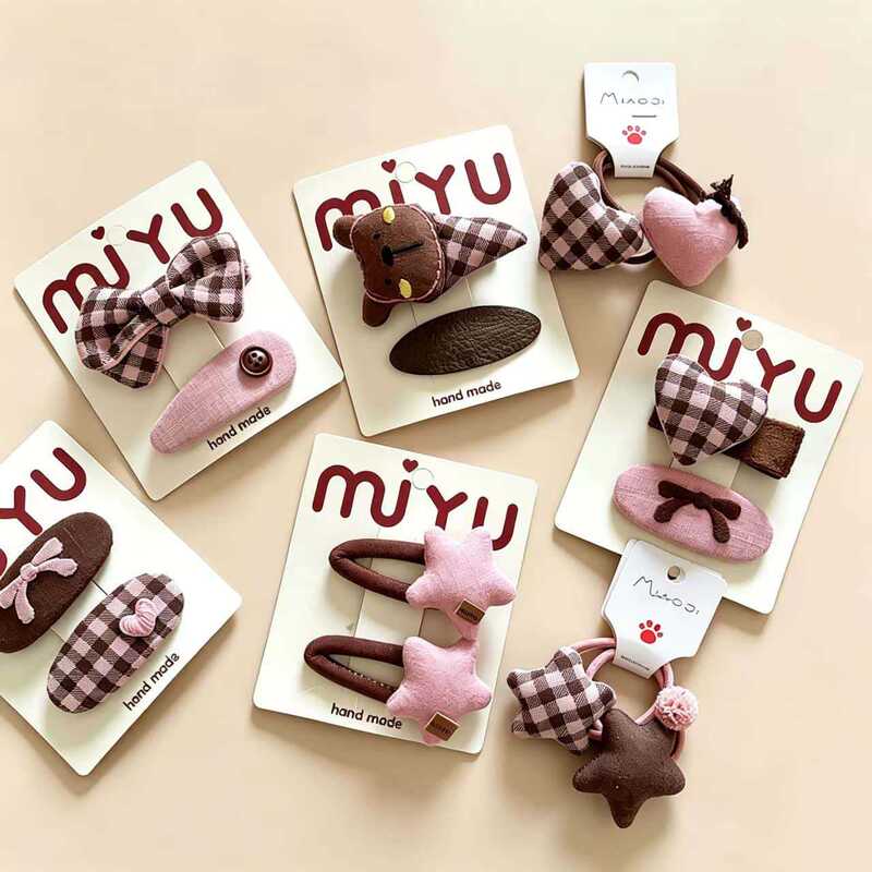 Korean-style new fabric sweet pink children's bow side hair clip bangs hairpin plaid star hair accessory
