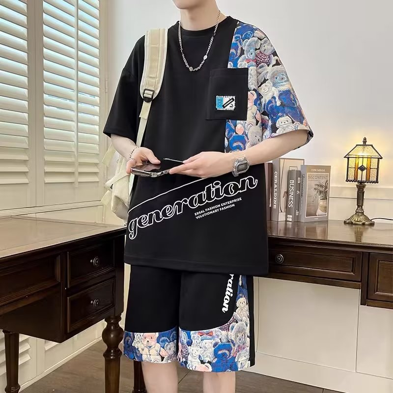 Camisa de manga corta ropa traje de verano de los Hombres Nuevo personalizado impreso de moda estilo de Hong Kong suelta juventud media manga