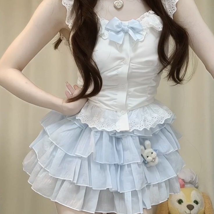Purely Sweet Girl's Atmosphere Wears Slimming Waist Suspender Top High Waist Fluffy Cake Princess Skirt Suit