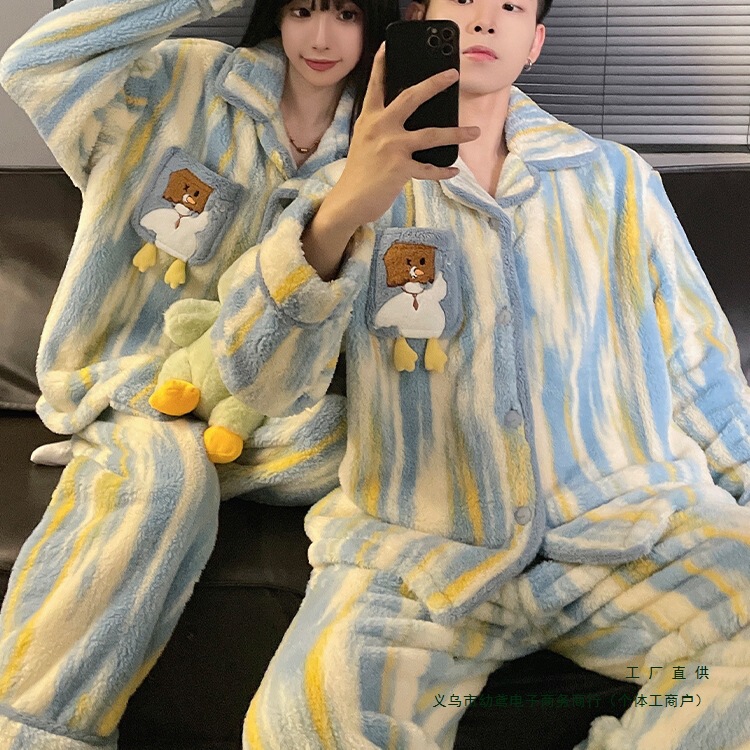 2025 New Couple Pajamas Autumn and Winter Coral Velvet Thickened and Velvet Cute Men and Women Large Size Home Clothes Set