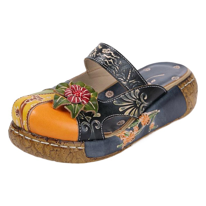 Zapatos transfronteriza explosión 2024 verano nuevas zapatillas de piel de vaca flores de estilo nacional hecho a mano fondo grueso 0933-31