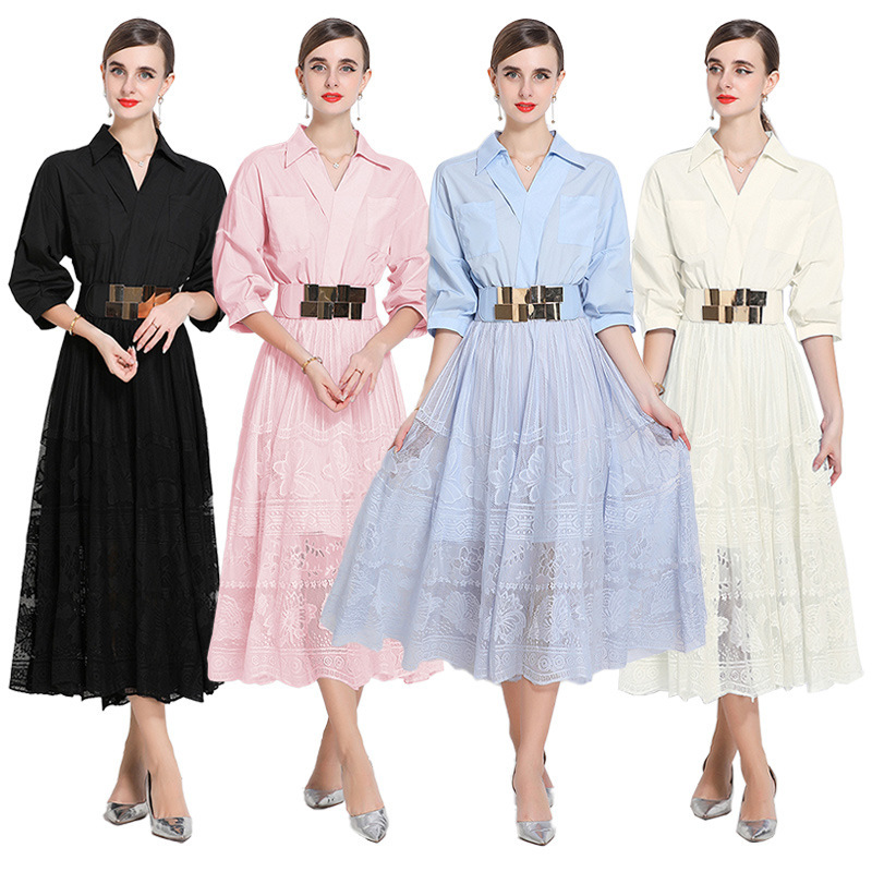 New Niche Design Shirt Dress for Women, Royal Sister Commuting Age-Reducing Waist Lace Skirt