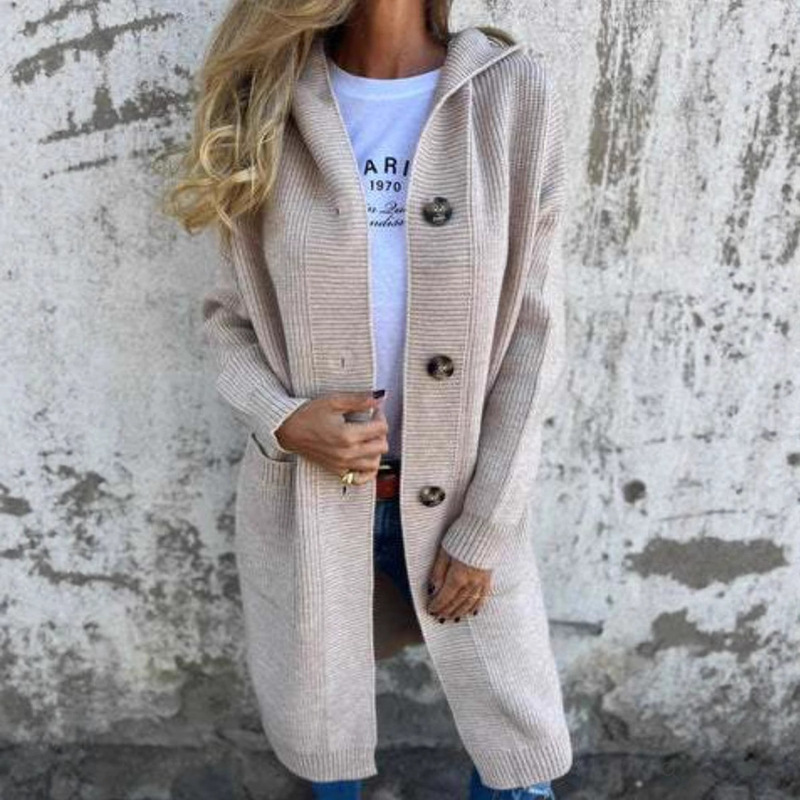 European and American Cross-Border Export Women's Autumn and Winter Sweater Cardigan Fashionable Long Hooded Knitted Jacket with Pockets and Buttons for Women European and American Cross-Border Export Women's Autumn and Winter Sweater Cardigan Fashionable Long Hooded Knitted Jacket with Pockets and Buttons for Women