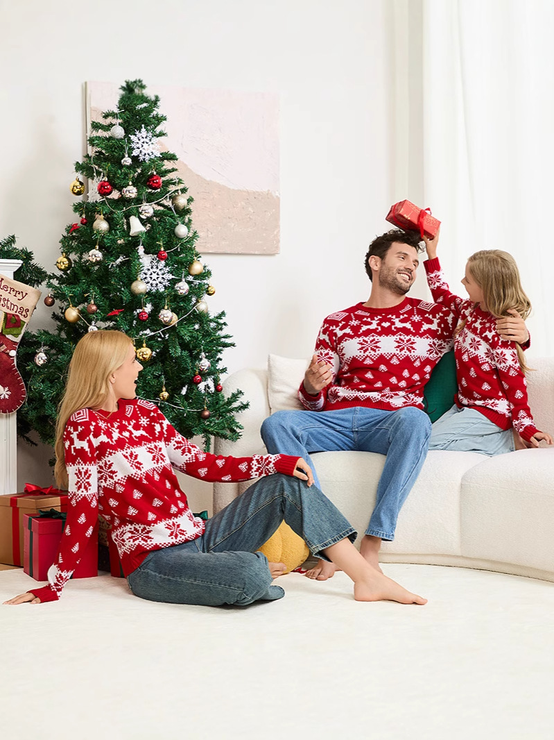 Suéter de punto de cuello redondo casual europeo y americano transfronterizo Navidad para padres e hijos otoño e invierno suéter jacquard de alce navideño de manga larga