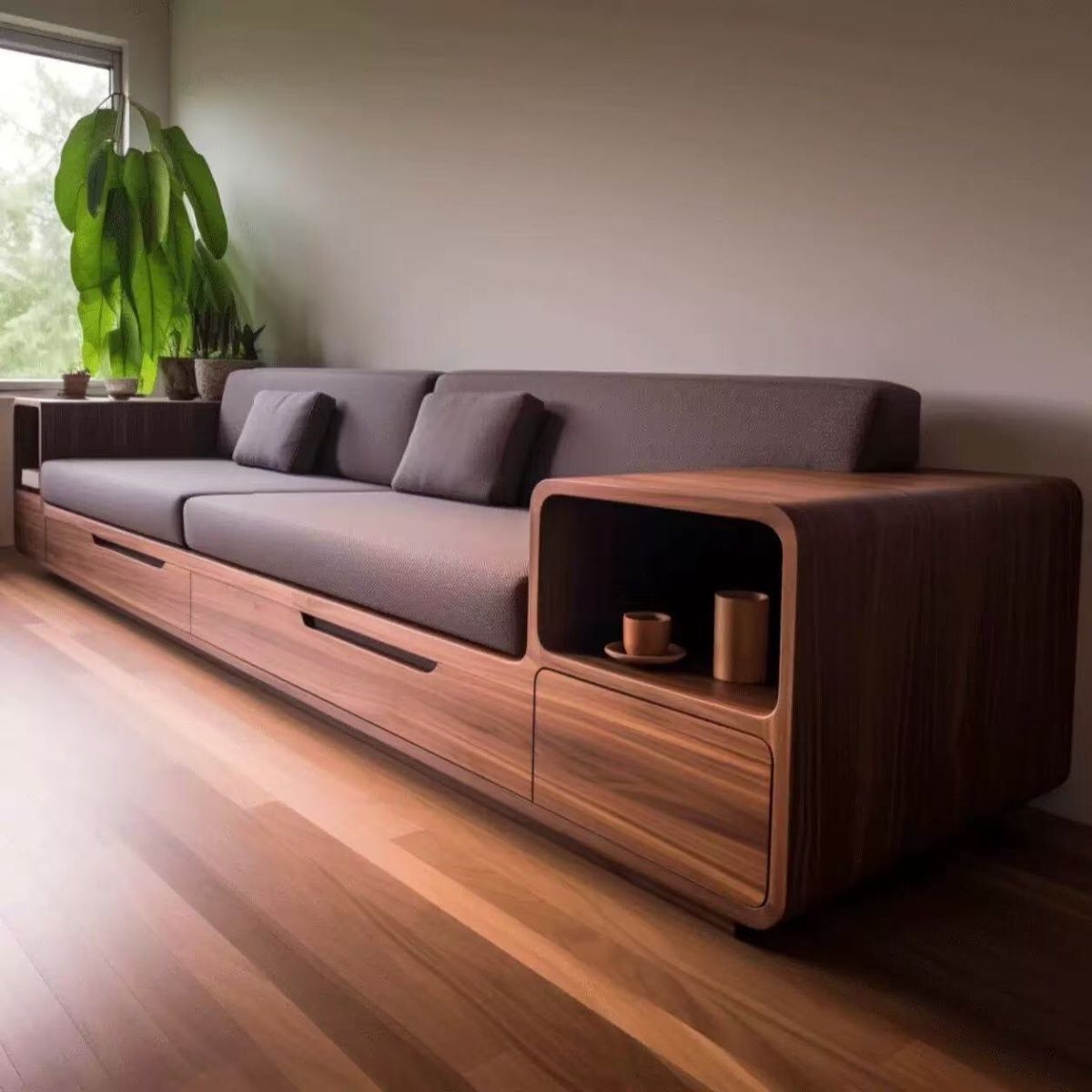 New Chinese Style Black Walnut Home Sofa Combination Winter and Summer Solid Wood Straight Row with Drawers Living Room Storage Furniture