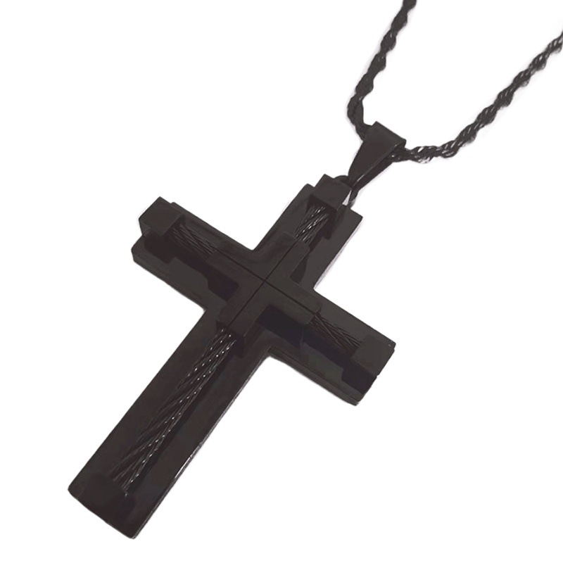 Factory Hot Sale Cross Border Market Retro Fashion Texturized Steel Wire Cross Stainless Steel Necklace Men's Pendant in stock