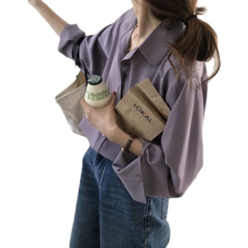 Women's Autumn Aloe Purple Long-Sleeve Chiffon Shirt with Design Sense, Unconventional and Stylish Satin Face Flowy Top